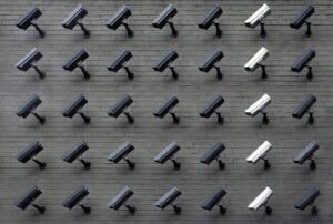 CCTV security camera mounted on a commercial building exterior